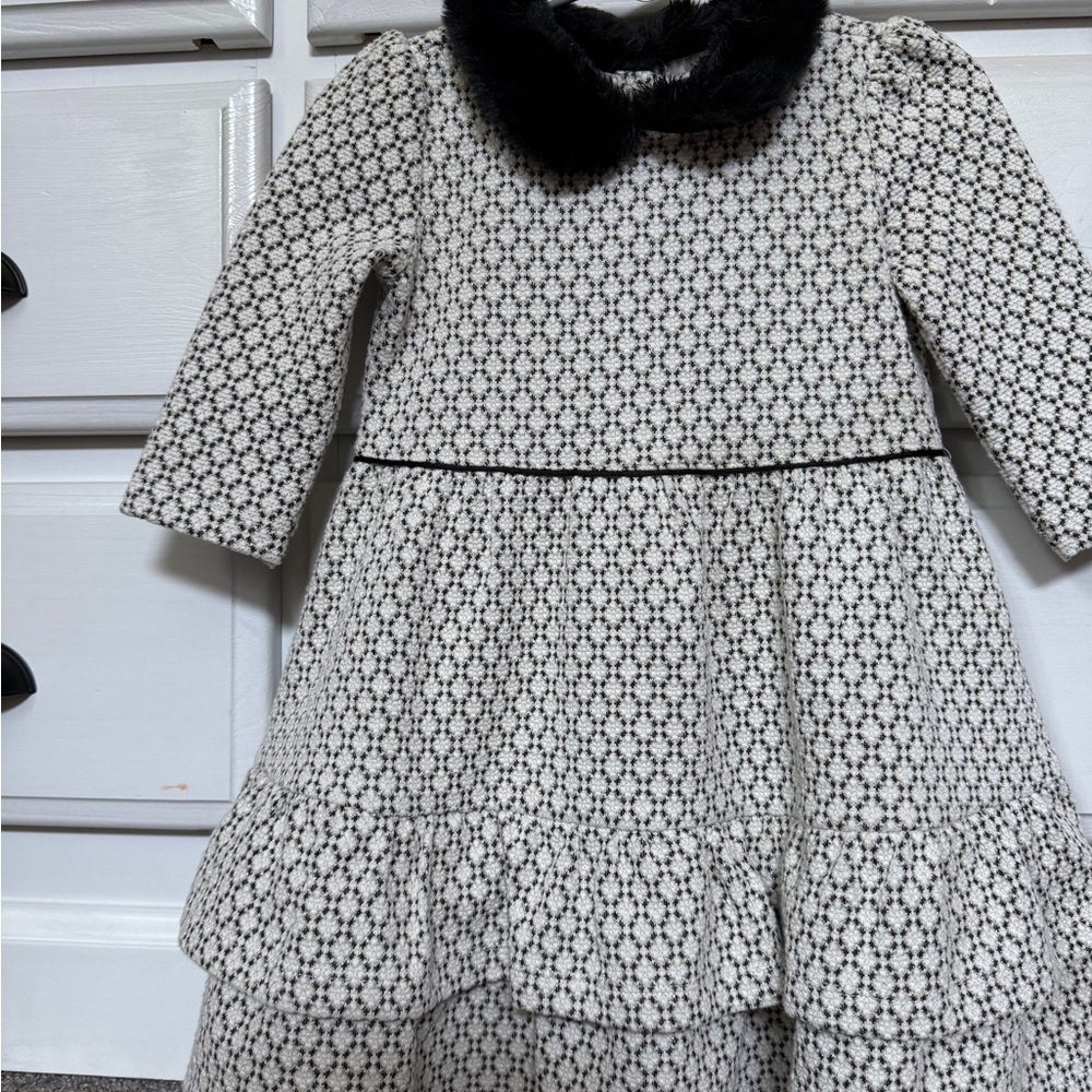 Janie & Jack Chic Black and White Patterned Dress with Faux Fur Collar